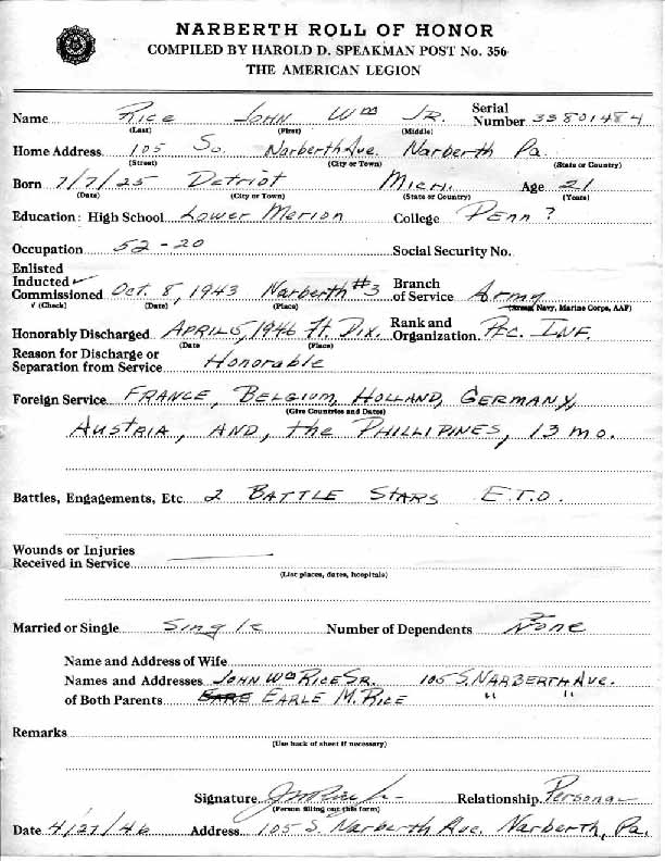 Roll of honor form for John Rice