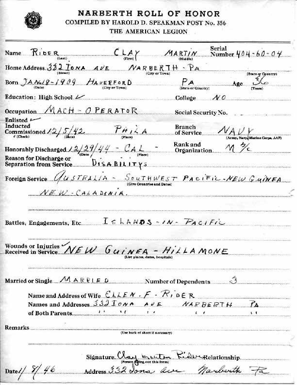 Roll of honor form for Clay Rider