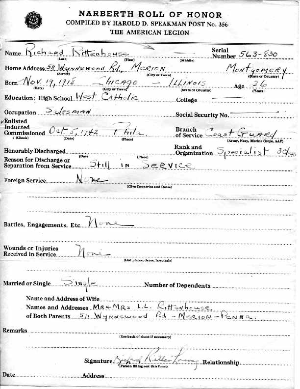 Roll of honor form for Richard Rittenhouse