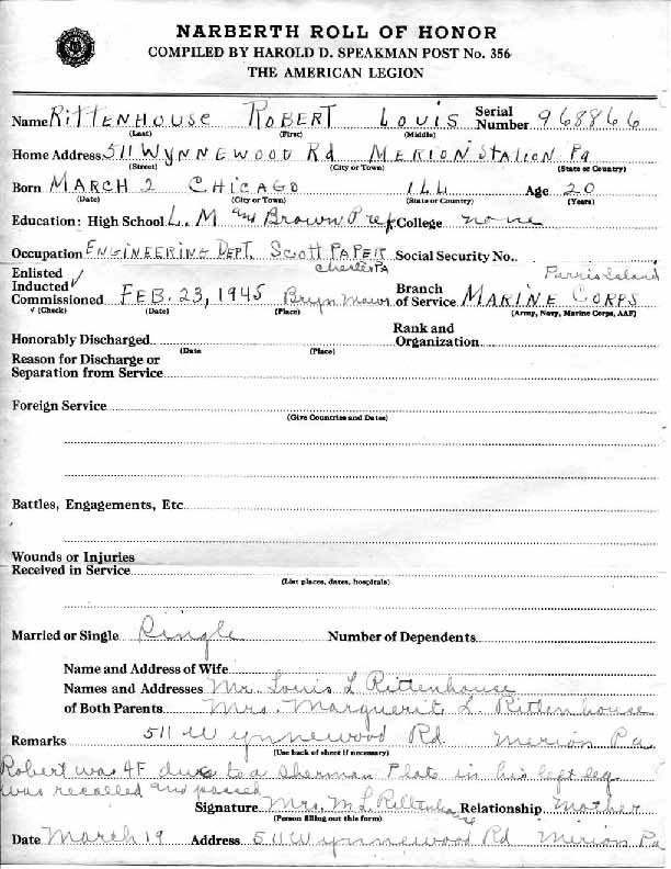 Roll of honor form for Robert Rittenhouse