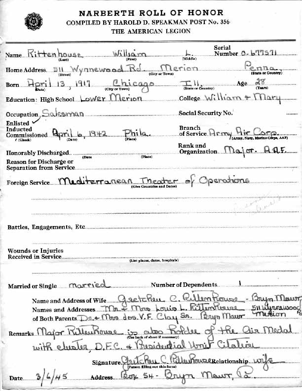 Roll of honor form for William Rittenhouse