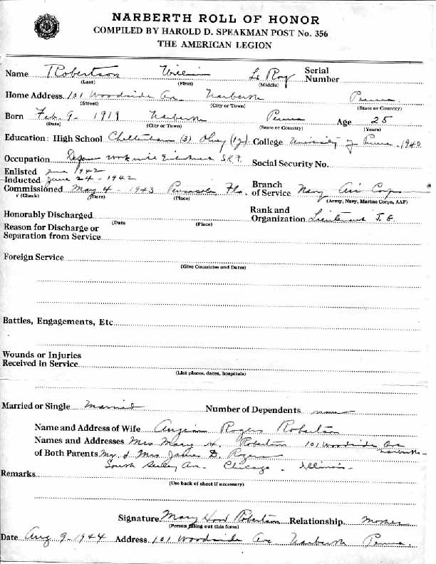 Roll of honor form for William Robertson