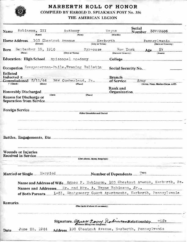 Roll of honor form for Anthony Robinson