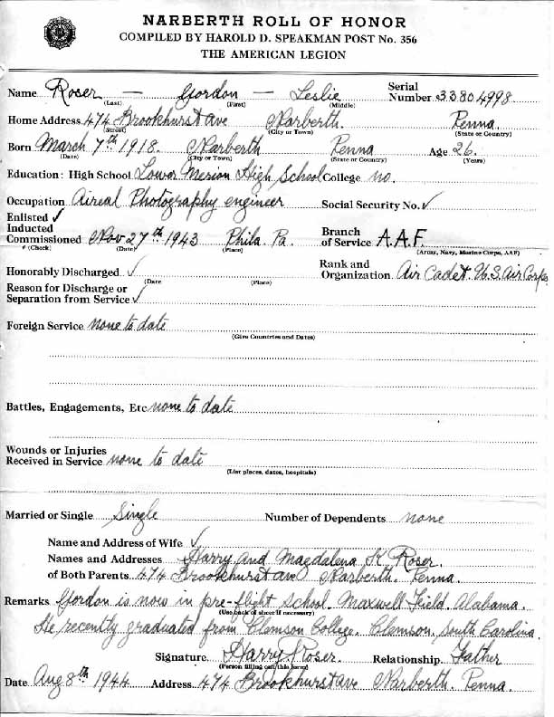 Roll of honor form for Gordon Roser