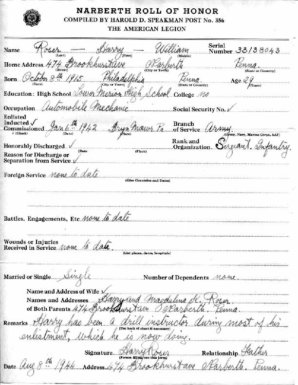 Roll of honor form for Harry Roser