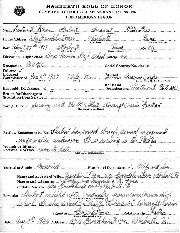 Roll of honor form for Herbert Roser
