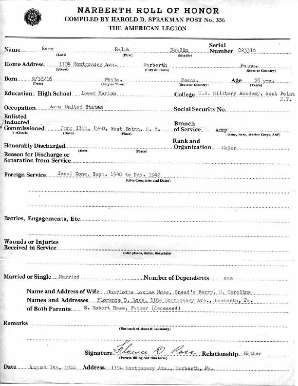 Roll of honor form for Ralph Ross