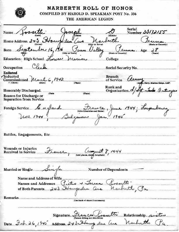 Roll of honor form for Joseph Rossetti