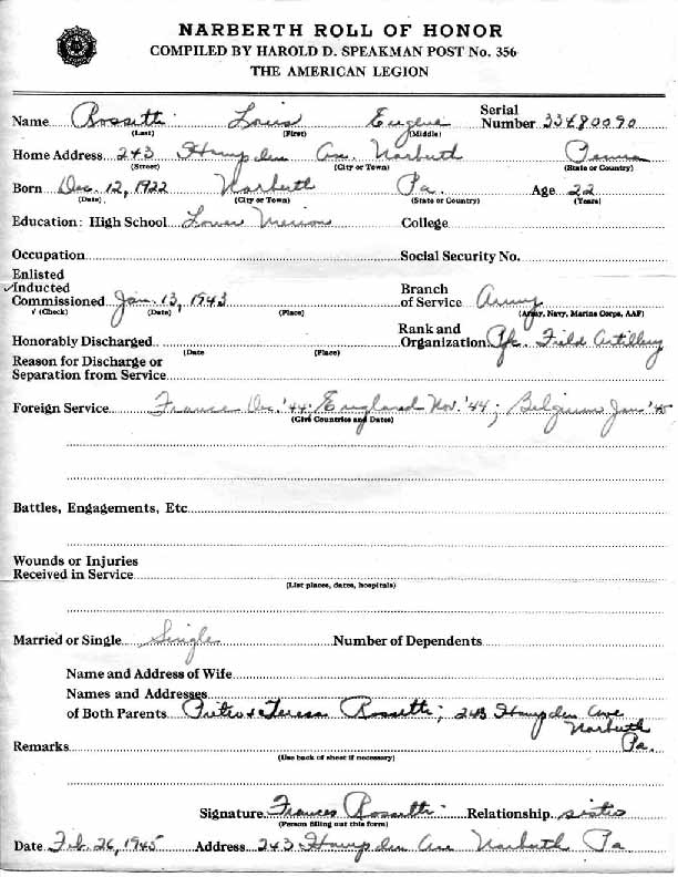 Roll of honor form for Louis Rossetti