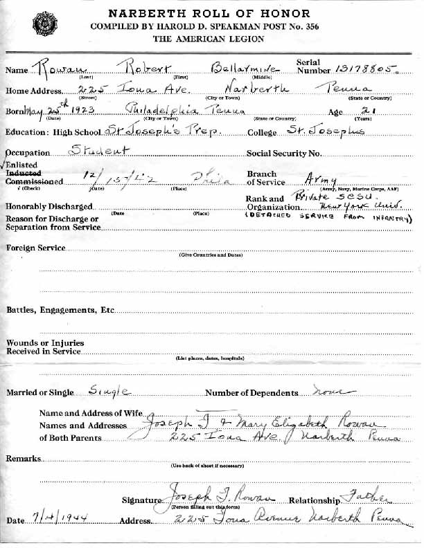Roll of honor form for Robert Rowan