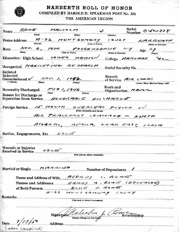 Roll of honor form for Malcolm Rowe