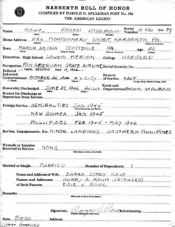 Roll of honor form for Roger Rowe