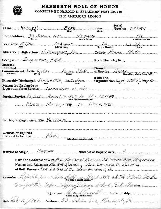 Roll of honor form for Evan Russell