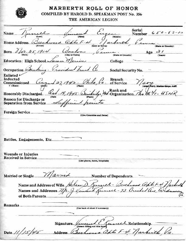 Roll of honor form for Vincent Russell