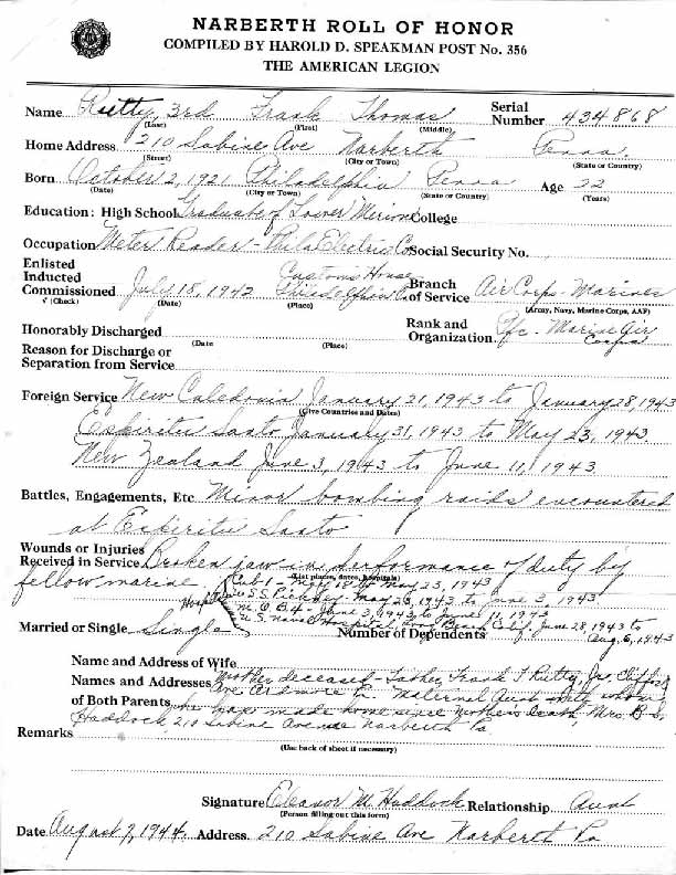 Roll of honor form for Frank Rutty, front