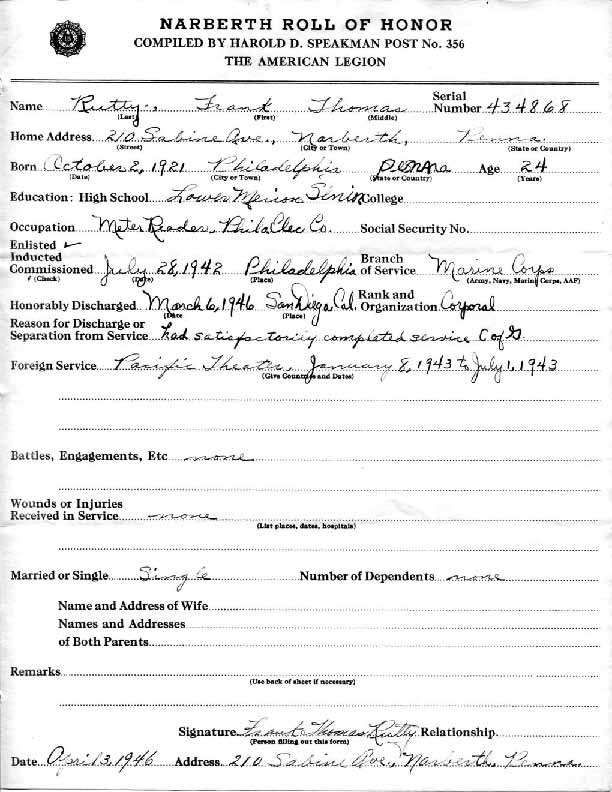 Roll of honor form for Frank Rutty, back of sheet