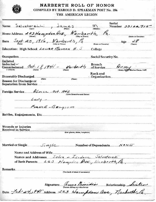 Roll of honor form for James Salvatorelli