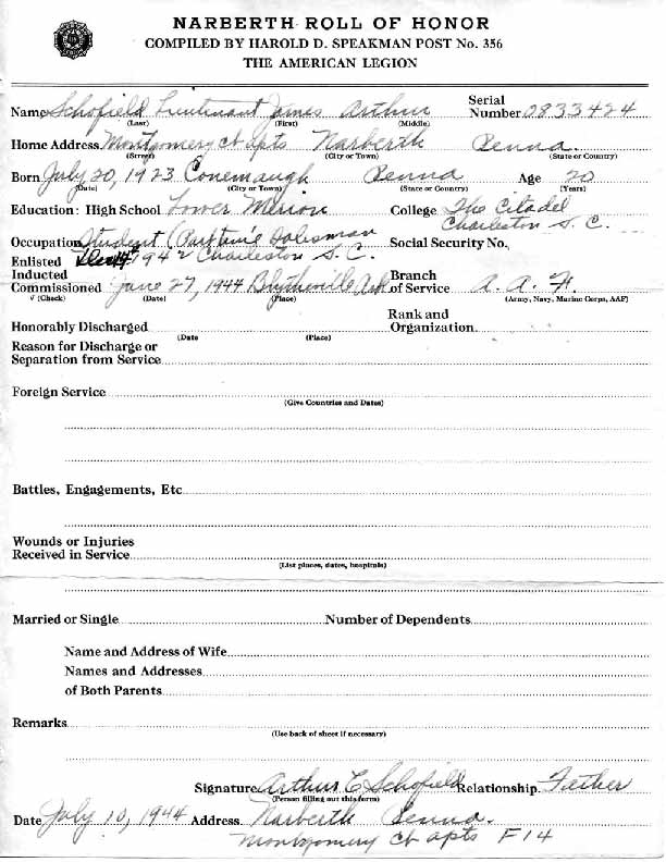 Roll of honor form for James Schofield