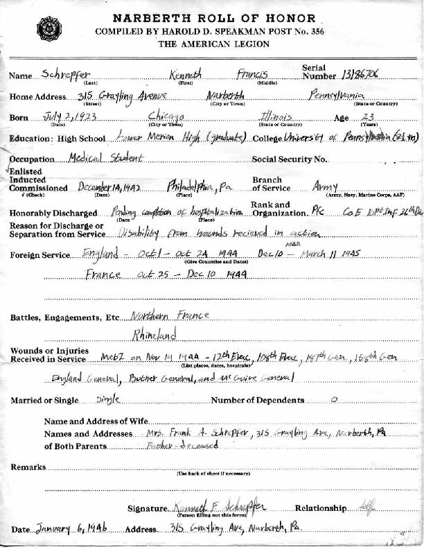 Roll of honor form for Kenneth Schrepfer