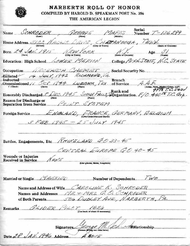 Roll of honor form for George Schroder
