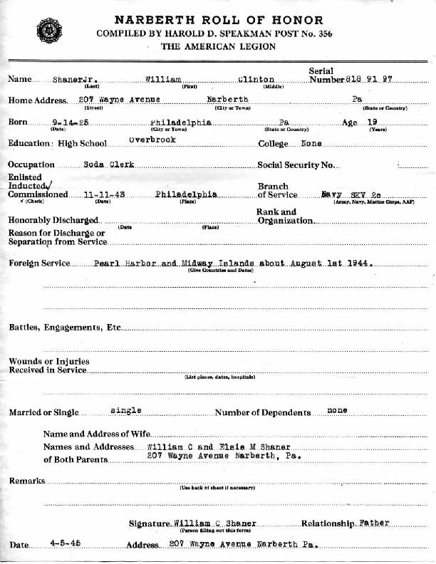 Roll of honor form for William Shaner, front