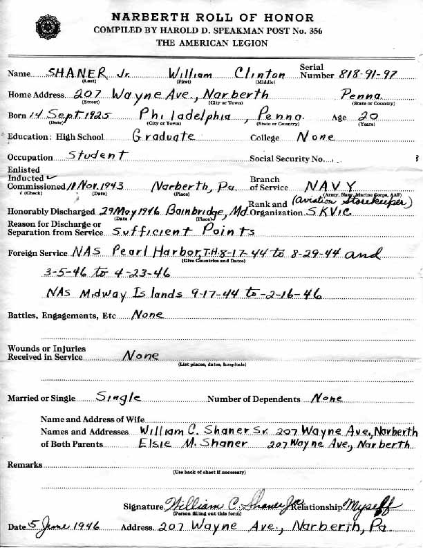 Roll of honor form for William Shaner, back of sheet