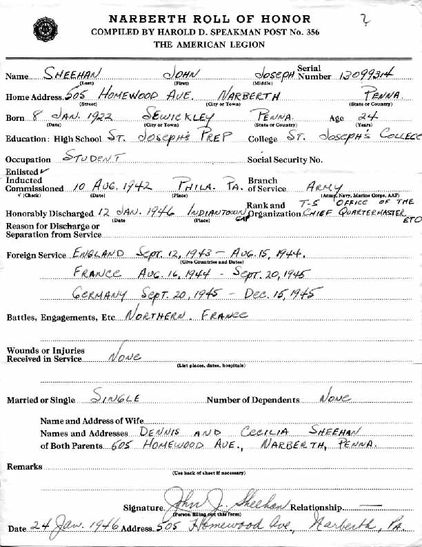 Roll of honor form for John Sheehan