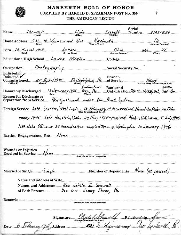 Roll of honor form for Clyde Shewell
