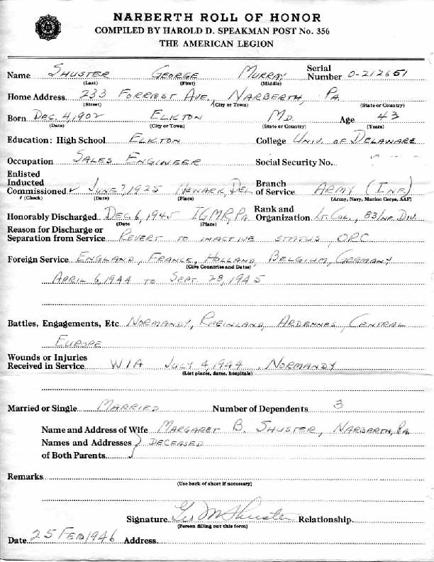 Roll of honor form for George Shuster