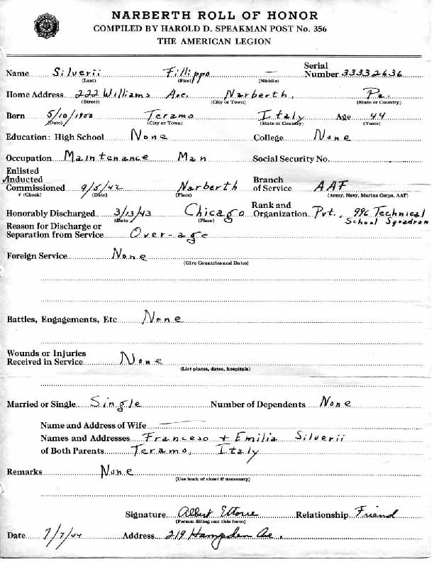 Roll of honor form for Fillippo Silverii