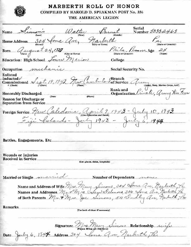 Roll of honor form for Walter Simons