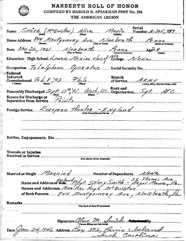 Roll of honor form for Alice Smith