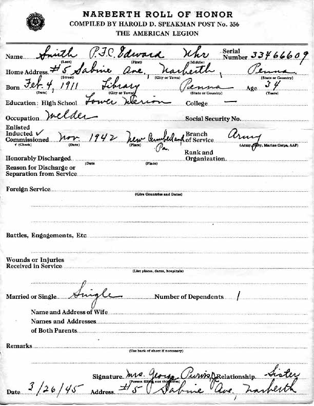 Roll of honor form for Edward Smith