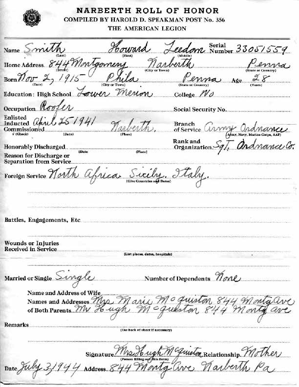 Roll of honor form for Howard Smith
