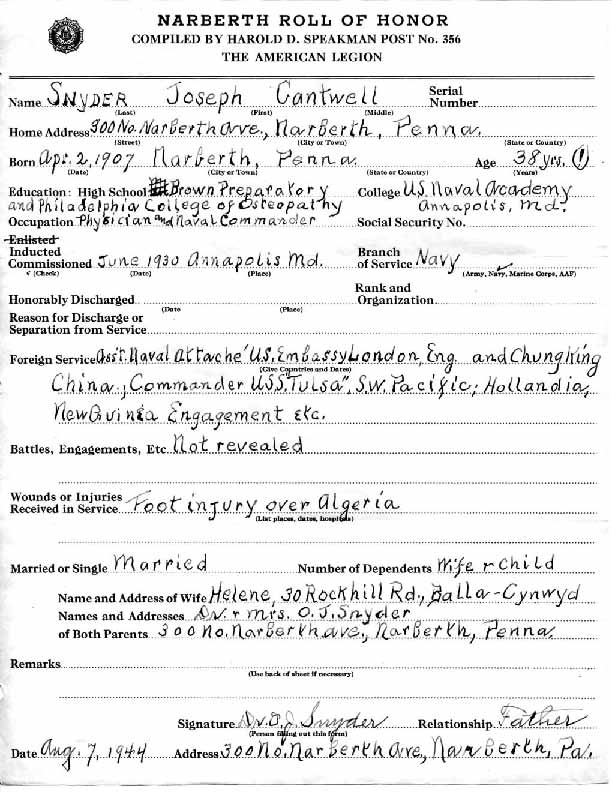Roll of honor form for Joseph Snyder, front