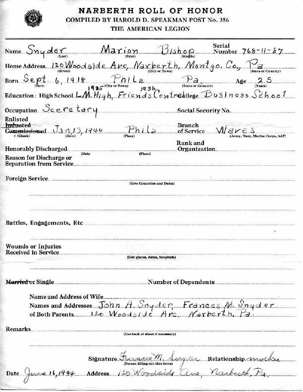 Roll of honor form for Marion Snyder