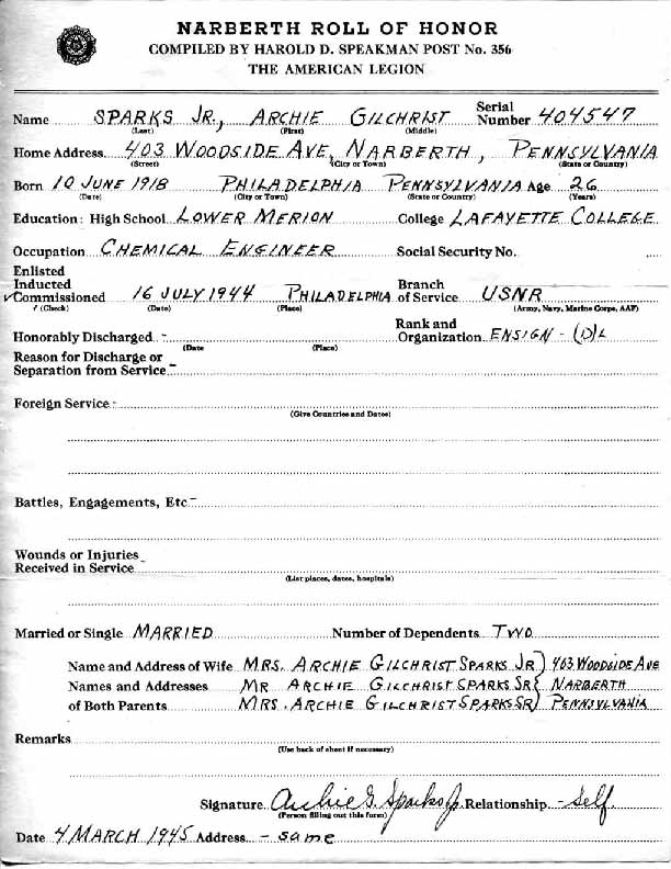 Roll of honor form for Archie Sparks