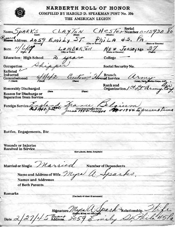 Roll of honor form for Clayton Sparks, front