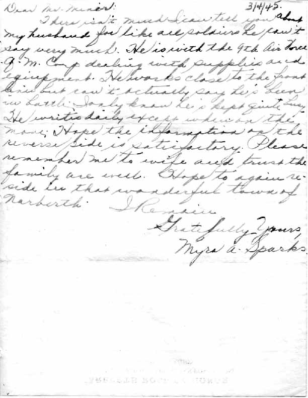 Roll of honor form for Clayton Sparks, back of sheet