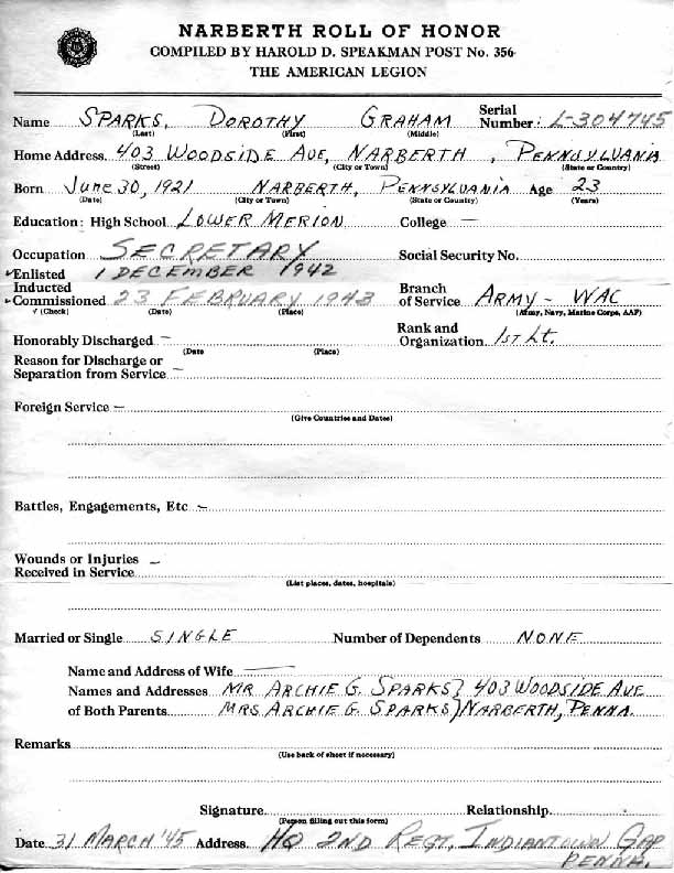 Roll of honor form for Dorothy Sparks