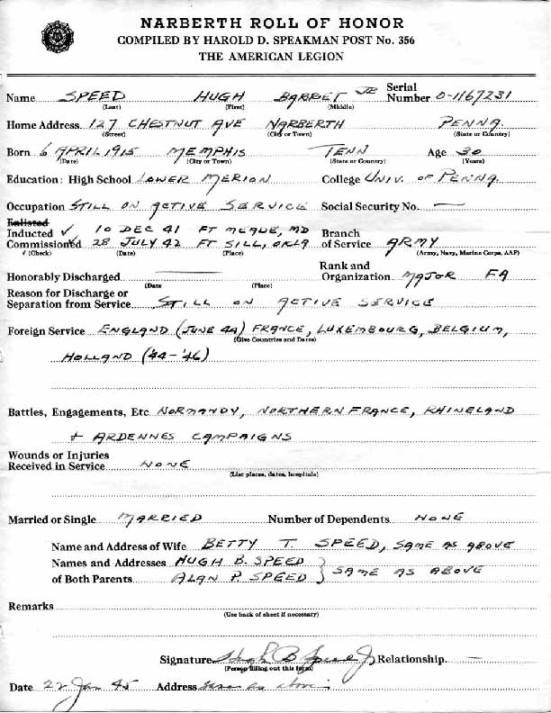 Roll of honor form for Hugh Speed