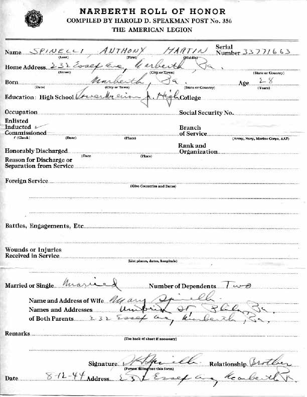Roll of honor form for Anthony Spinelli