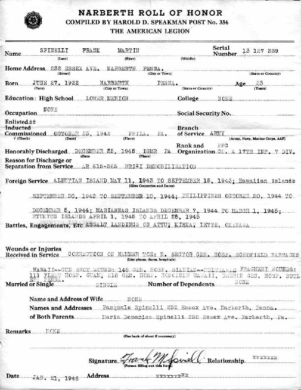 Roll of honor form for Frank Spinelli