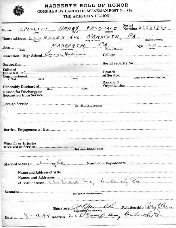 Roll of honor form for Henry Spinelli