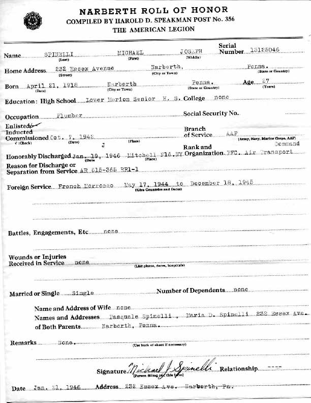 Roll of honor form for Michael Spinelli