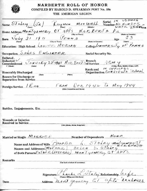 Roll of honor form for Raymon Staley