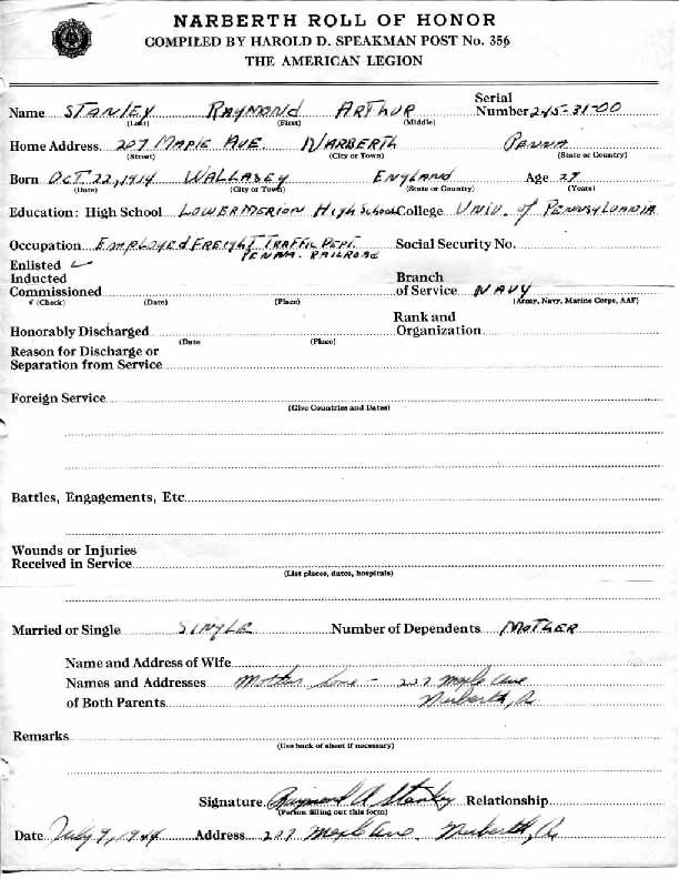 Roll of honor form for Raymond Stanley
