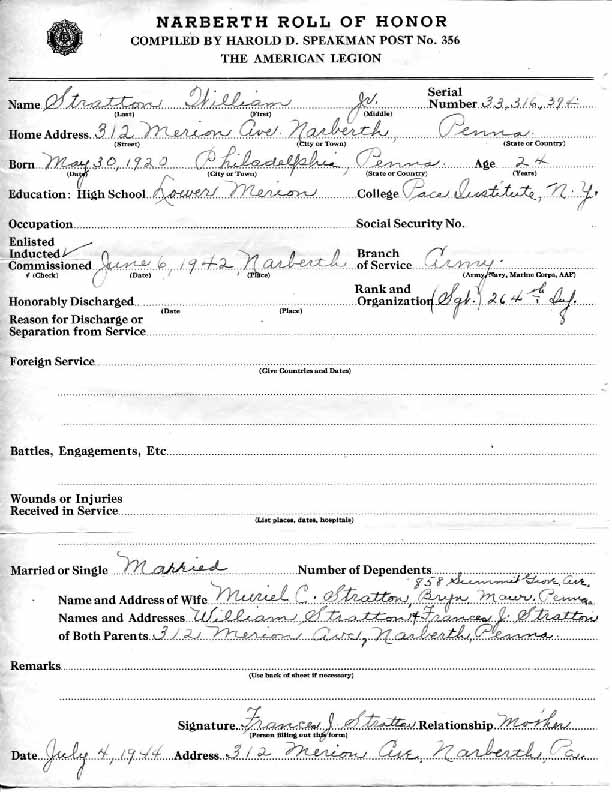 Roll of honor form for William Stratton