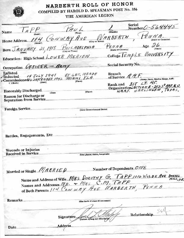 Roll of honor form for Paul Tapp