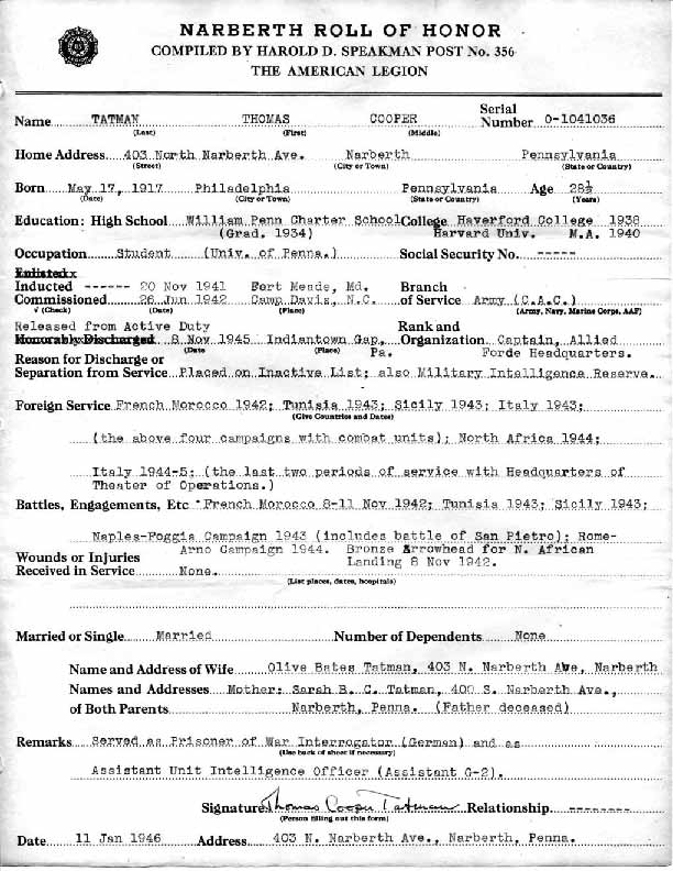 Roll of honor form for Thomas Tatman